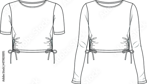 Vector woman t-shirt with cutouts and long sleeves fashion CAD, crop blouse with boat neck technical drawing, template, flat, sketch. Jersey or woven fabric top with front, back view, white color