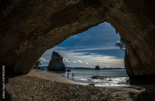 view from the cave at cathedral cove beach, coromandel, new zealand