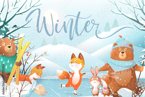 Winter landscape with kids animals playing skiing and skating on ice. Merry Christmas and Happy New year cute cartoon characters in frozen forest, wallpaper or invitation vector design.