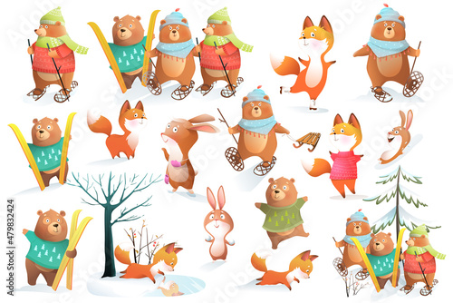 Fototapeta Naklejka Na Ścianę i Meble -  Creative winter forest animals for Christmas and season greetings. Bear, fox and rabbits skiing and skating. Characters isolated clipart for kids, holiday illustration collection.
