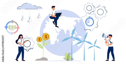 ESG Environmental Social and Governance Sustainable green company resources usage commitment Responsible attitude to nature and future Ethical business strategy concept Sustainable stocks evaluation