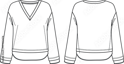 Vector woman sweatshirt fashion CAD, long sleeved V-neck top technical drawing, template, sketch, flat, mock up. Fleece or woven fabric sweatshirt with front, back view, white color