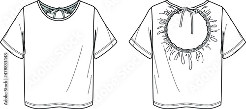Vector short sleeved T-Shirt fashion CAD, woman round neck top with opened back detail technical drawing, template, flat, sketch. Jersey or woven fabric blouse with front, back view, white color