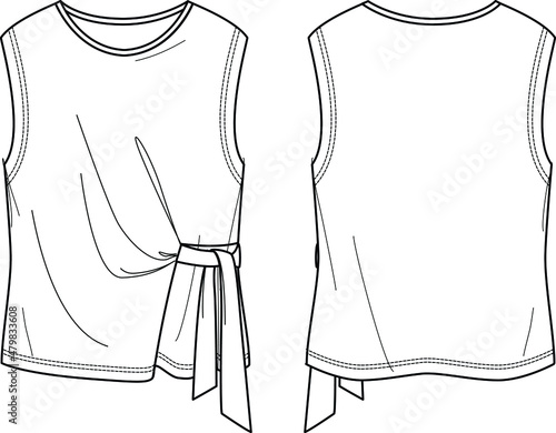 Vector round neck blouse fashion CAD, woman asymmetric sleeveless T-Shirt technical drawing, sketch, template, flat, mock up. Jersey or woven fabric blouse with front, back view, white color