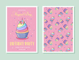 Birthday party invitation. Cute unicorn cupcake in pastel colors.