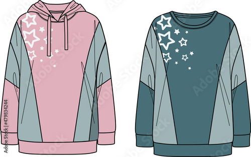 Vector woman color block sweatshirt with print fashion CAD, long sleeved hooded sweatshirt technical drawing, template, sketch, flat.Fleece or woven fabric sweatshirt with front,back view, white color