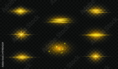A set of flashes  lights and sparks. Abstract golden lights isolated on a transparent background. Bright golden flashes and highlights. Bright rays of light. Glowing lines. Vector illustration. EPS 10
