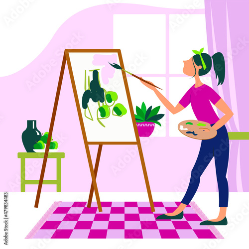 Vector graphics - a pretty young woman is standing in her room, holding a palette in her hand and drawing with a brush on a canvas on an easel. Concept - home hobby
