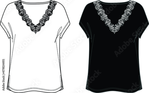 Vector sleeveless T-Shirt with lace trim fashion CAD, woman V-neck top with dropped shoulder technical drawing, template, flat, sketch. Jersey or woven fabric blouse with front, back view, white color
