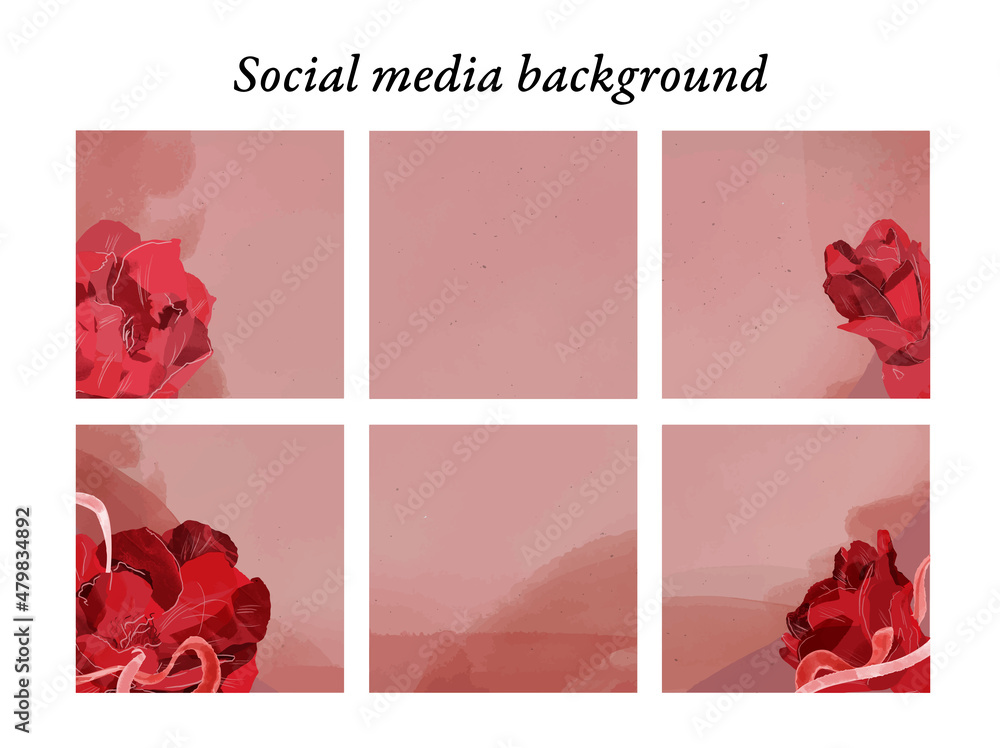 Plantillas de diseño para publicaciones en redes sociales de motivos florales, flores de cactus con textura de acuarela en tonos morados, rojos, rosa y morados, con espacio para texto e imágenes - obrazy, fototapety, plakaty 