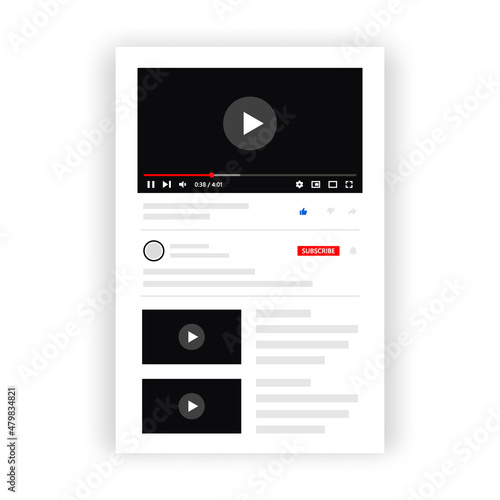 Video player application mockup template. Popular video player elements for app interface. Social media interface design for mobile apps.