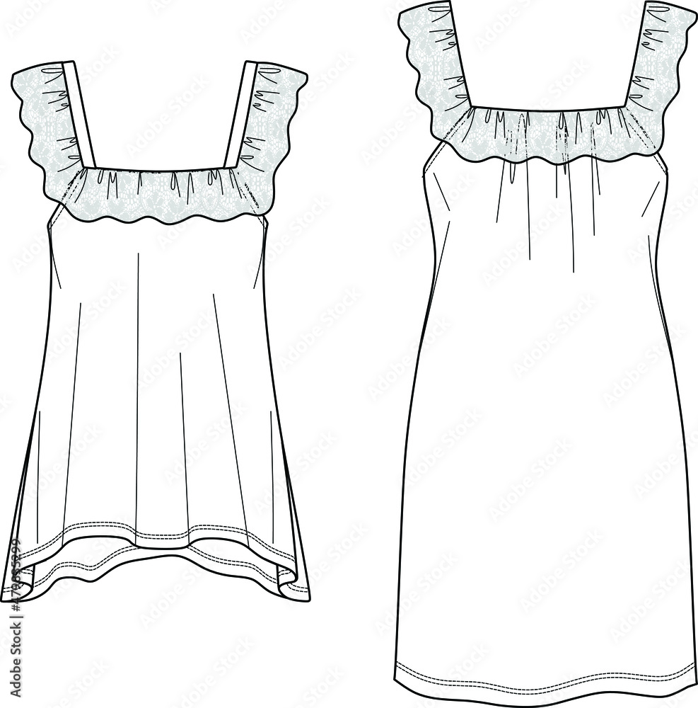 Vector sleeveless TShirt and dress with lace trim fashion CAD, woman