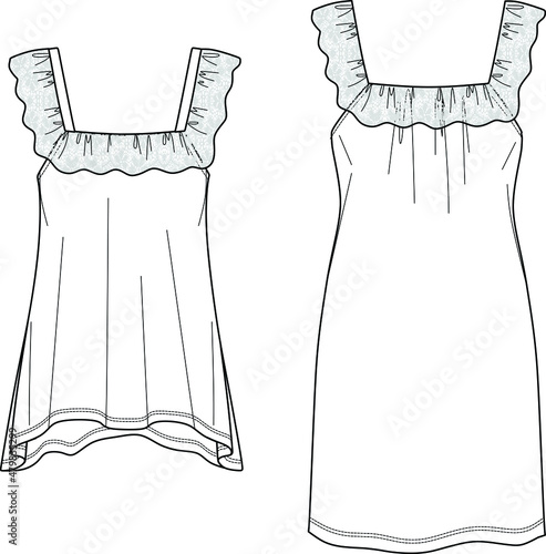 Vector sleeveless T-Shirt and dress with lace trim fashion CAD, woman square neck model technical drawing, template, flat, sketch. Jersey or woven fabric 2 pieces set with front, back view,white color