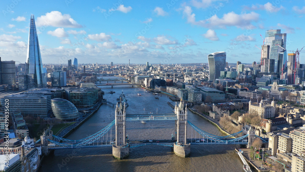 Aerial drone photo of iconic City of London and Tower Bridge on a beautiful morning as seen at Christmas time, United Kingdom