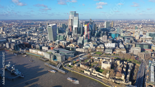 Aerial drone photo of iconic skyline in financial area of City of London as seen at Christmas time, United Kingdom