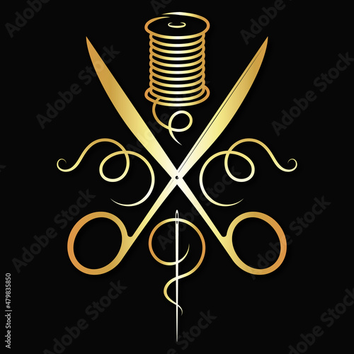 Golden needle and thread. Scissors seamstress silhouette. Tailor business symbol