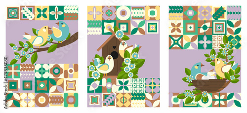 Set Geometric illustration with a pair of birds and their nests and birdhouses and neo geometry pattern. Vector composition for Easter, spring and summer