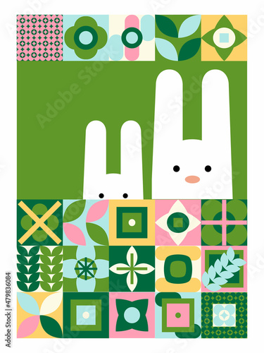 Geometric illustration for Easter holidays with pair of white rabbits and neo geometry pattern. Modern geometric abstract style. Vector composition for Easter and spring