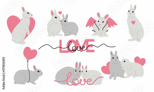 Set of minimalistic rabbits with hearts. Love and Valentine's Day. Hand drawn cute animal collection for love confession and greeting cards