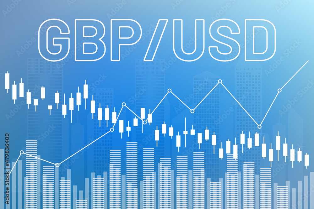 Graph currency pair GBP, USD on blue finance background from columns, lines, candlesticks, city