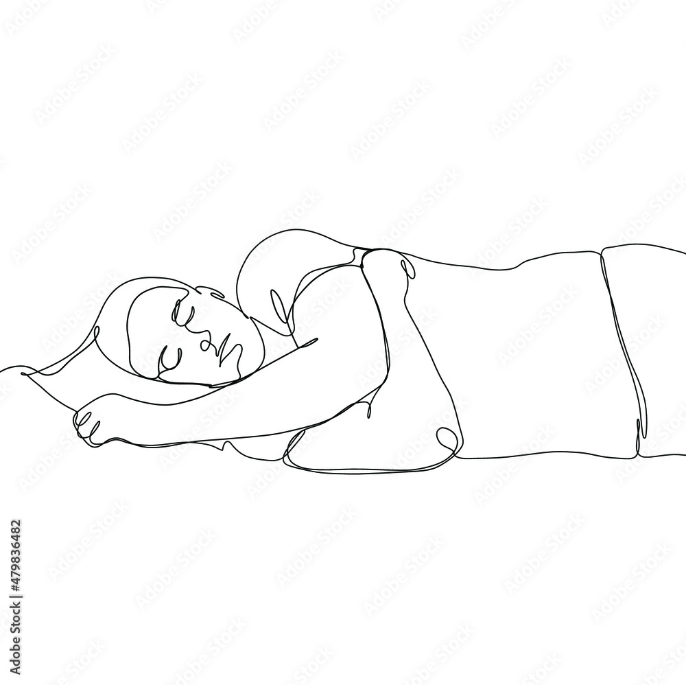 Man sleeps on sofa. One continuous line art. Vector minimalist illustration isolated on white background. Man sleeps on sofa. One continuous line art. Vector minimalist illustration isolated on white background.