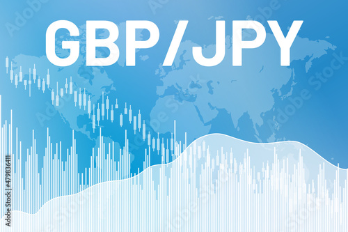 Graph currency pair GBP, JPY on blue finance background from columns, lines, candlesticks, world map