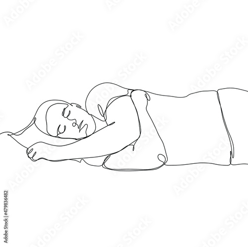 Man sleeps on sofa. One continuous line art. Vector minimalist illustration isolated on white background. 