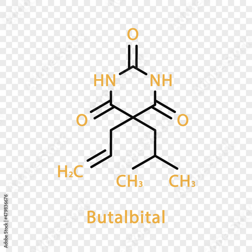 Butalbital chemical formula. Butalbital structural chemical formula isolated on transparent background.