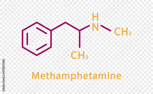 Methamphetamine chemical formula. Methamphetamine structural chemical formula isolated on transparent background.