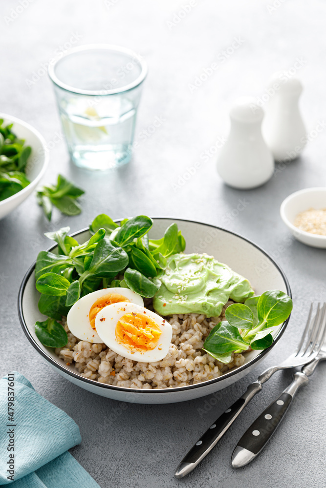 Pearl barley bowl with soft-boiled egg and corn salad Pearl barley bowl with soft-boiled egg and corn salad