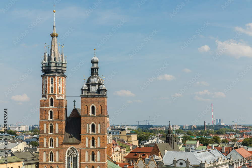 Obraz premium St. Mary's Basilica in Krakow, view from the tower of the main town hall.