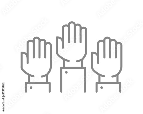 Three raised hands line icon. Solidarity, unity, teamwork symbol