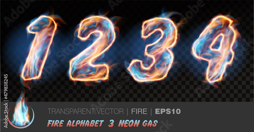 Alphabet of neon gas fire. Transparent realistic vector on dark background. Fiery font with light effect for your text. Letters 1234