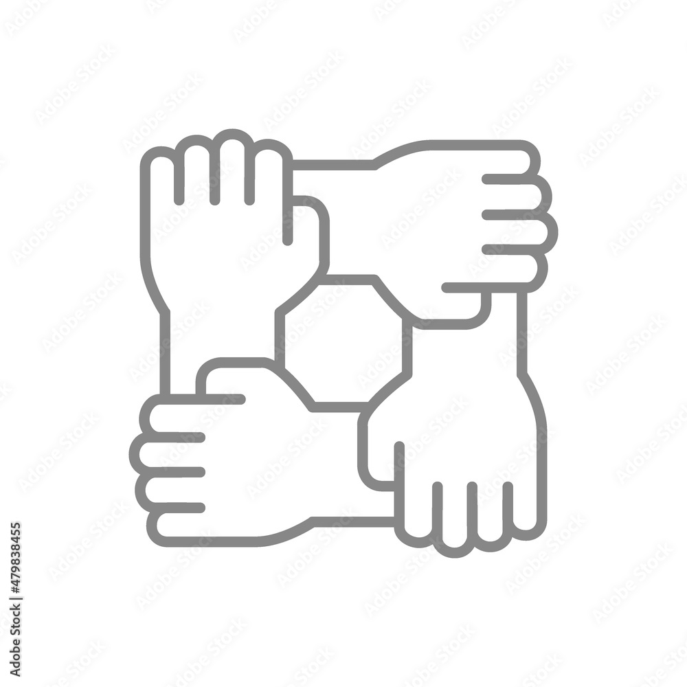 Team work line icon. Four hands, togetherness, unity symbol