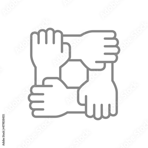 Team work line icon. Four hands  togetherness  unity symbol
