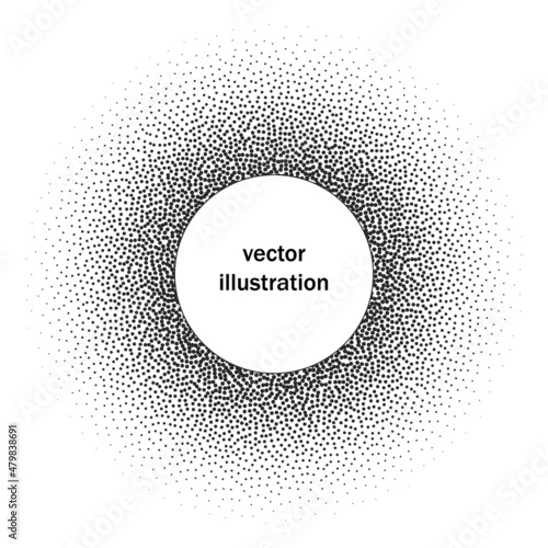 Halftone circle frame with black random dots, logo emblem design element for technology, medical, treatment, cosmetic. Border with empty space for your text, round shape. Vector illustration