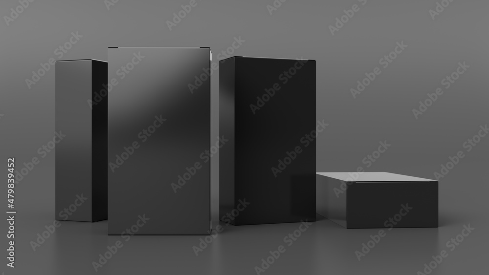 Gift box mock up: four tall, wide and flat black boxes on gray background. Front view. Gift box mock up: four tall, wide and flat black boxes on gray background. Front view.