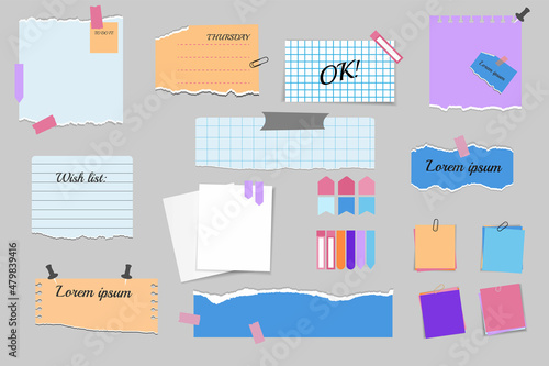 Paper notes on stickers. Torn sheets of notebook