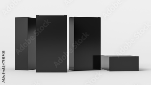 Gift box mock up: four tall, wide and flat black boxes on white background. Front view.