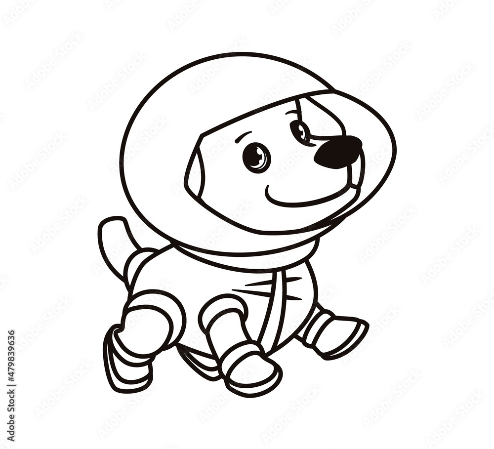 Coloring book: cute astronaut dog in space suit. Isolated vector illustration on white background in cartoon flat style, sticker. Coloring book: cute astronaut dog in space suit. Isolated vector illustration on white background in cartoon flat style, sticker.