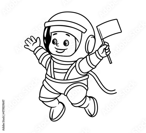 Coloring book: an astronaut toddler in a helmet and a spacesuit waves a pioneer flag. Vector illustration in cartoon style, black and white isolated line art