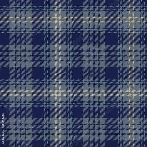 Navy blue and beige tartan plaid. Scottish pattern fabric swatch close-up. 
