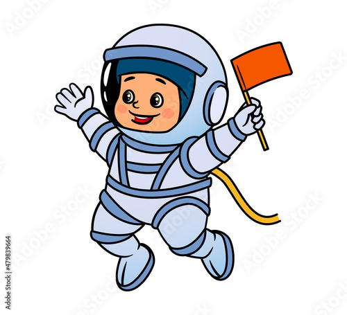 A kid astronaut in a helmet and a spacesuit waving a pioneer flag. Vector illustration in cartoon style, black and white isolated line art