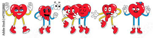 Hearts funny cartoon characters. Valentines day vector illustrations in trendy retro cartoon style. Love concept.