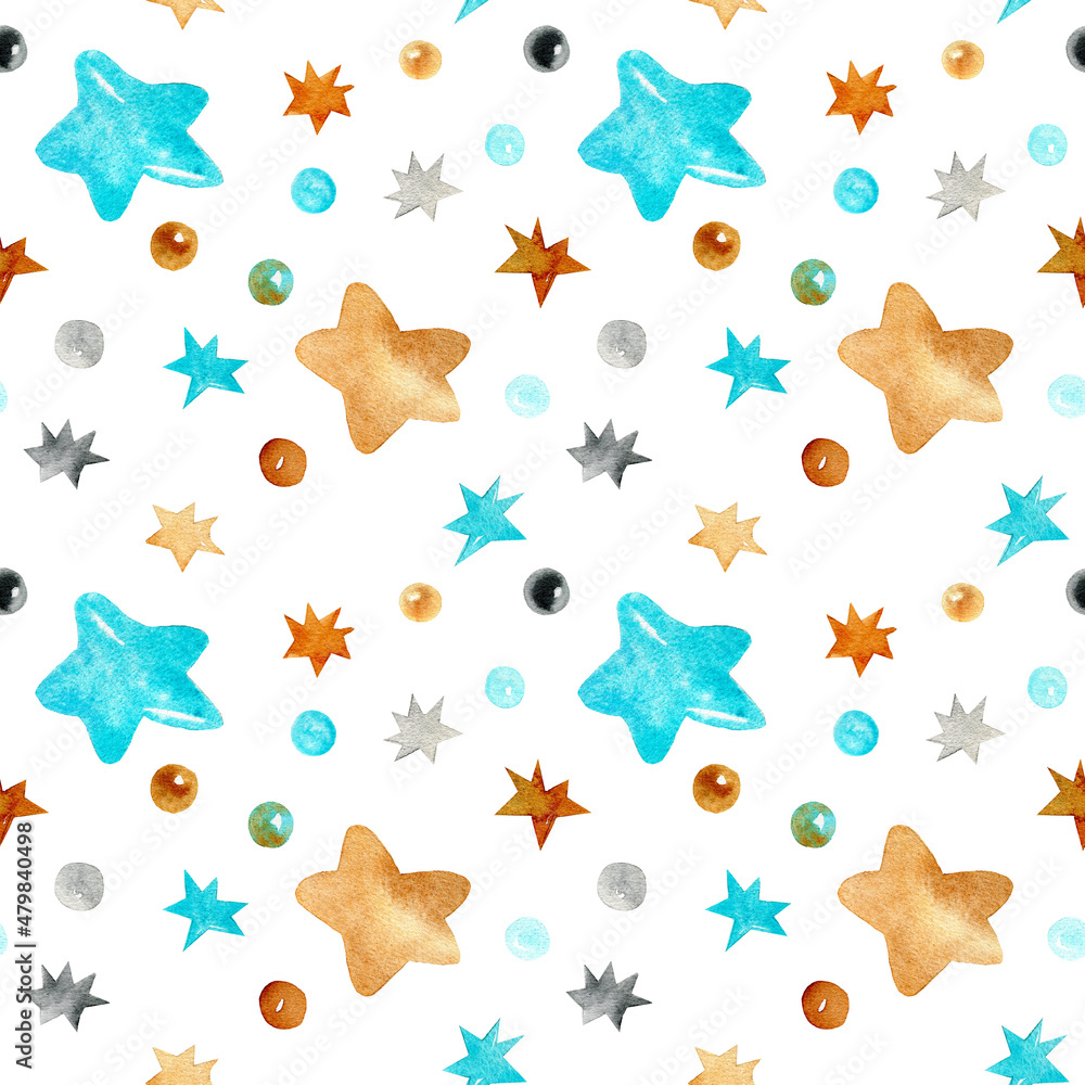 Watercolor seamless pattern with cute blue and gold stars. Simple fabric print or wallpaper for baby nursery.