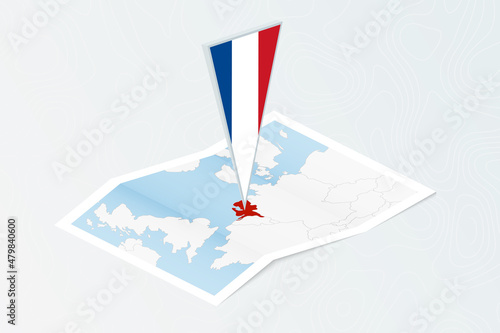 Isometric paper map of Netherlands with triangular flag of Netherlands in isometric style. Map on topographic background.