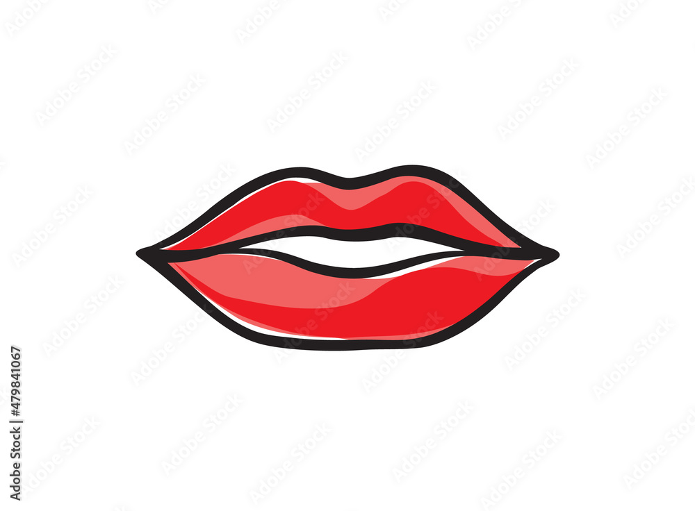Lips female. Sexy red lips line drawn illustration. Beautiful Woman lips logo in pastel color. Design concept good for logo, card, banner, poster, flyer
