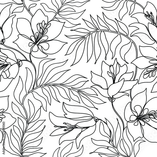 Floral seamless line art pattern. Flower outline background. Floral linear dr...