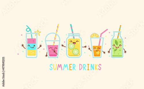 Funny summer drinks characters.Kawaii smiling lemonade and soda,coffee,smoothie,juice,shake,detox in glass,plastic takeaway cup,bottle.Hand drawn cute vector for web,design,print, isolated on white.