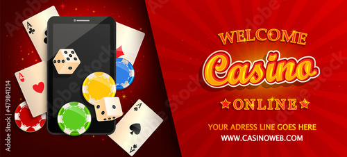 Welcome banner to online casino.Online poker,blackjack in smartphone.Web landing page template for internet game.Advertising,invitation poster- phone,poker cards,playing dice,chips.Gambling app.Vector